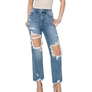 NWT Risen Medium Wash Distressed Destructed High Rise Straight Leg Cropped Jean